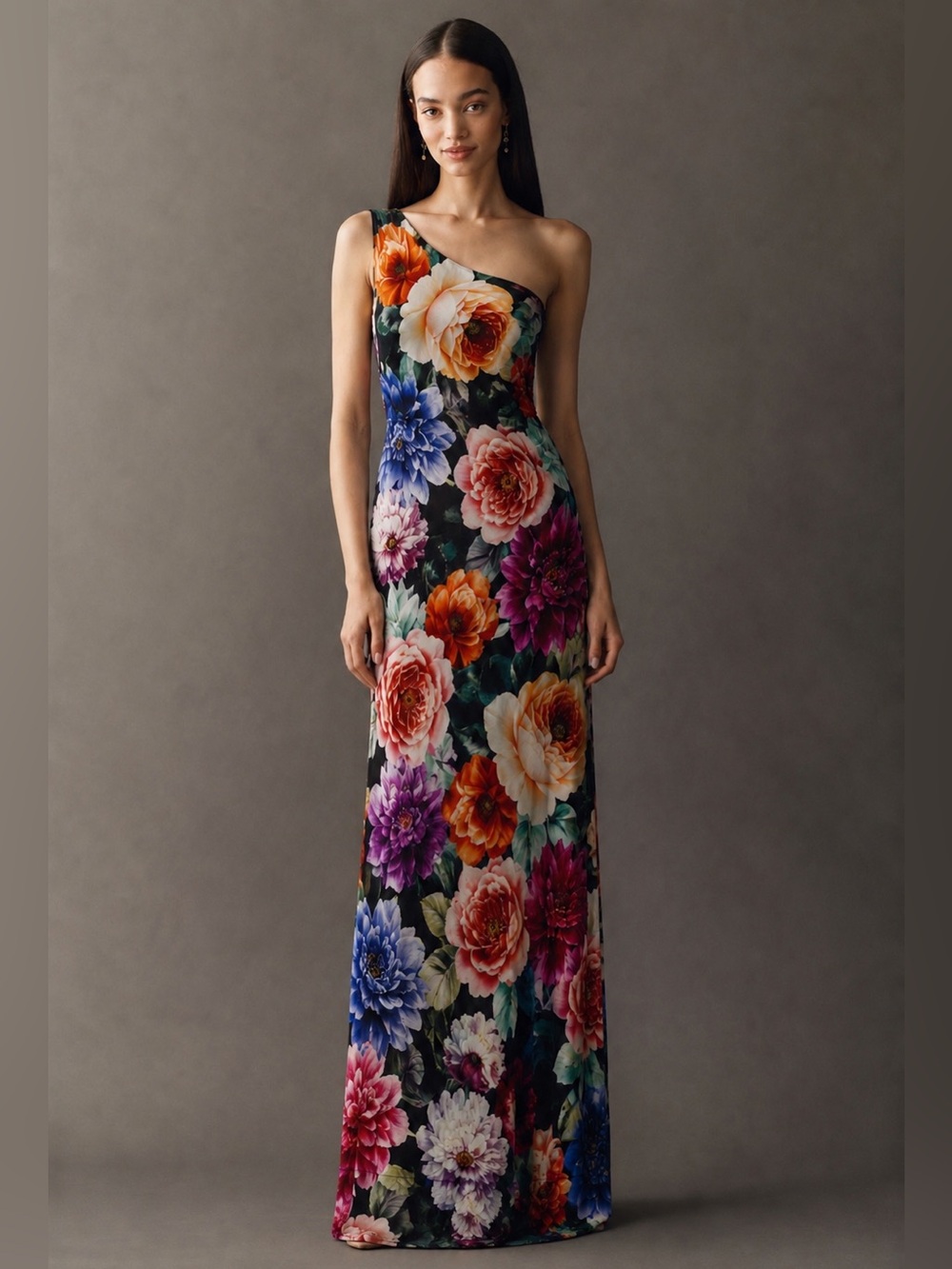 NWT Xscape Botanical Floral Ethereal One Shoulder Chiffon Maxi Size 6
